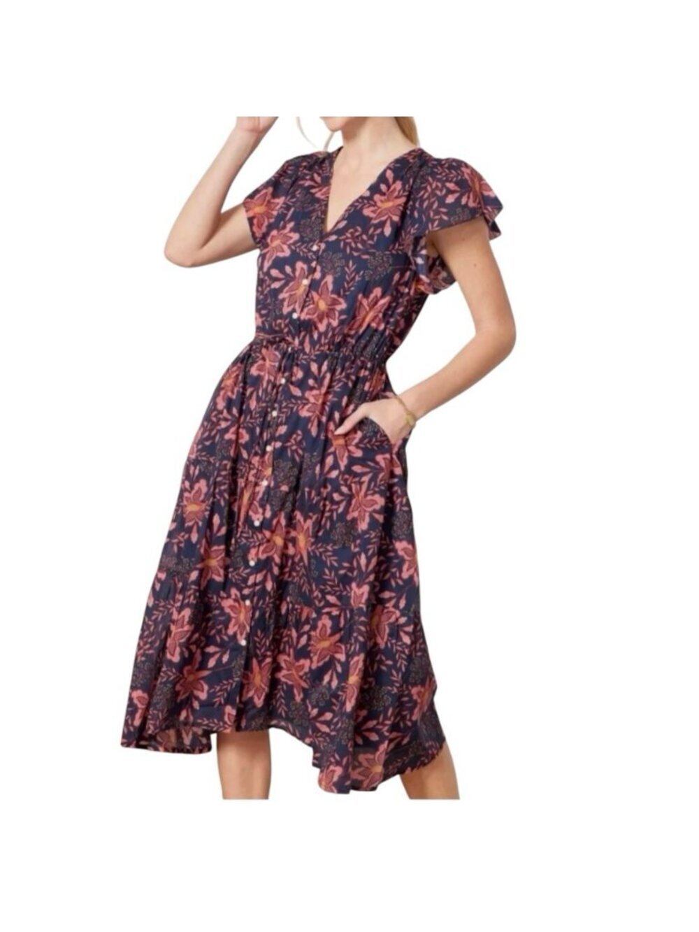Trovata Birds of Paradis Kristi Dress Large Pink Geranium Cotton Midi MSRP $358